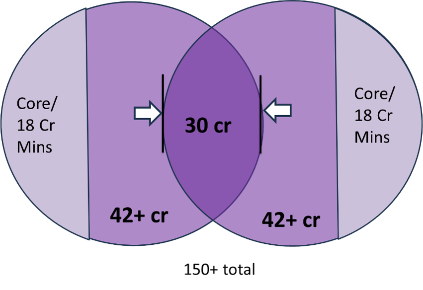 Two overlapping circles representing the amount of overlap allowed for a research and practice doctorate programs